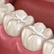 Dentist placing a tooth-colored filling in a patient's tooth.